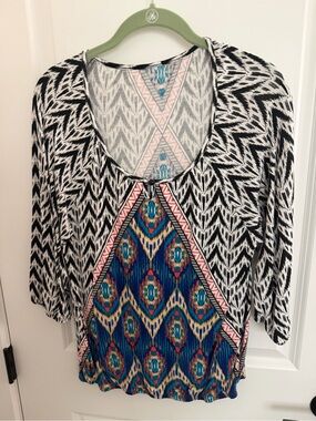 Boho Mixed-Print Scoop Neck Women's Top - Black & Blue